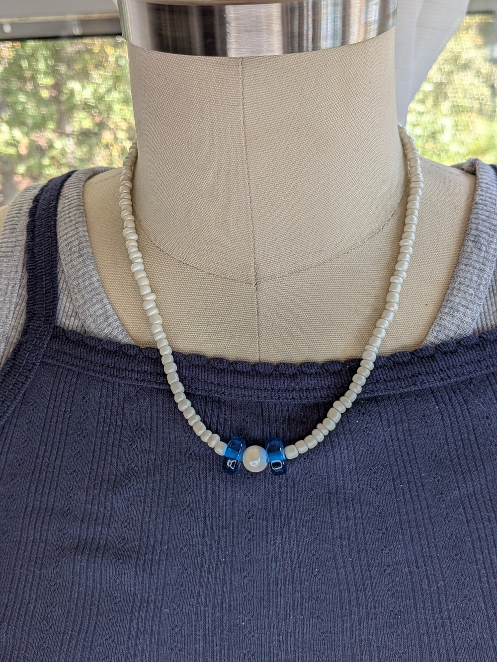 Boho Pearlized Seed Bead Necklace Cobalt Blue Glass & Faux Pearl Center